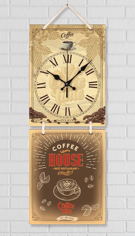 Full Frame Duvar Sanatları - Nostaljik Ahşap Duvar Saati - Coffee House  - İkili Set (FF-NS196)