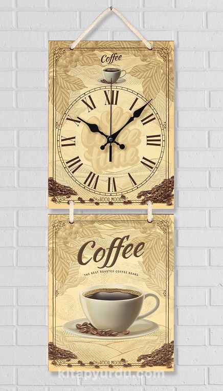 Full Frame Duvar Sanatları - Nostaljik Ahşap Duvar Saati -  Best Coffee  - İkili Set (FF-NS195)