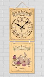 Full Frame Duvar Sanatları - Nostaljik Ahşap Duvar Saati - Purple Teapot - İkili Set (FF-NS194)
