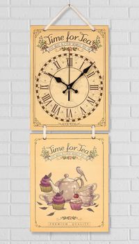 Full Frame Duvar Sanatları - Nostaljik Ahşap Duvar Saati - Purple Teapot - İkili Set (FF-NS194)