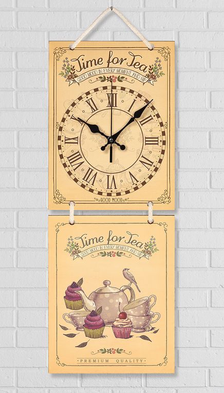 Full Frame Duvar Sanatları - Nostaljik Ahşap Duvar Saati - Purple Teapot - İkili Set (FF-NS194)