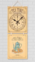 Full Frame Duvar Sanatları - Nostaljik Ahşap Duvar Saati - Blue Teapot - İkili Set (FF-NS193)