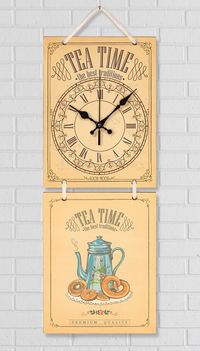 Full Frame Duvar Sanatları - Nostaljik Ahşap Duvar Saati - Blue Teapot - İkili Set (FF-NS193)