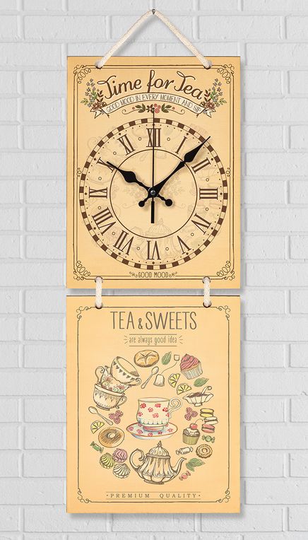 Full Frame Duvar Sanatları - Nostaljik Ahşap Duvar Saati - Tea Sweet - İkili Set (FF-NS192)