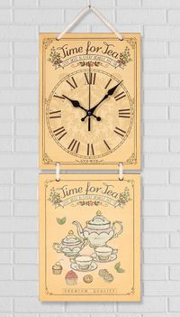 Full Frame Duvar Sanatları - Nostaljik Ahşap Duvar Saati - Pink Teapot - İkili Set (FF-NS190)