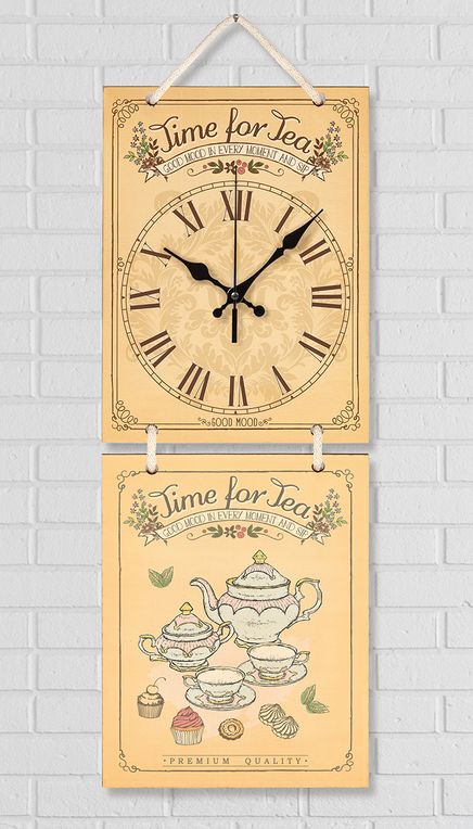 Full Frame Duvar Sanatları - Nostaljik Ahşap Duvar Saati - Pink Teapot - İkili Set (FF-NS190)