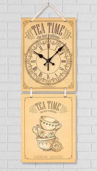 Full Frame Duvar Sanatları - Nostaljik Ahşap Duvar Saati - Tea Cup - İkili Set (FF-NS185)