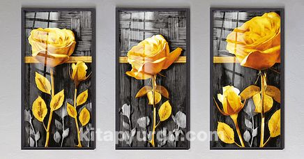 Full Frame Duvar Sanatları - Vitray Objeler - Sarı Güller - Üçlü Set (FF-DSC230)