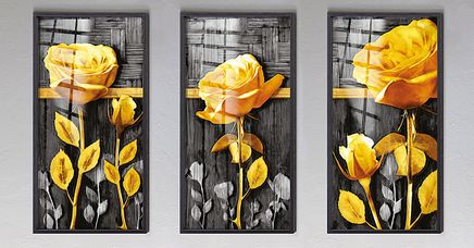 Full Frame Duvar Sanatları - Vitray Objeler - Sarı Güller - Üçlü Set (FF-DSC230)