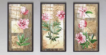 Full Frame Duvar Sanatları - Vitray Objeler - Pembe Çicekeler - Üçlü Set (FF-DSC229)