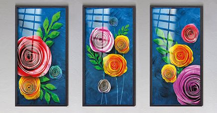 Full Frame Duvar Sanatları - Vitray Objeler - Güller  - Üçlü Set (FF-DSC227)