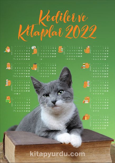 2022 Takvimli Poster - Kediler ve Kitaplar - Yeşil