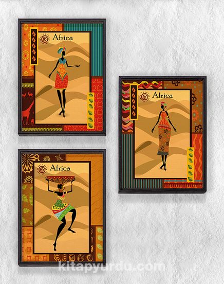 Full Frame Duvar Sanatları - AfrikaObje - Etnik Elbiseli Afrikalı Kadınlar - Üçlü  Set (FF-DS204)