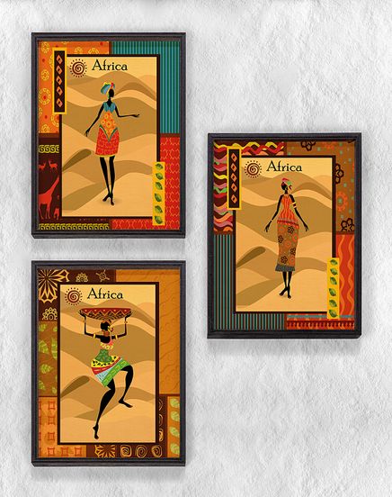 Full Frame Duvar Sanatları - AfrikaObje - Etnik Elbiseli Afrikalı Kadınlar - Üçlü  Set (FF-DS204)