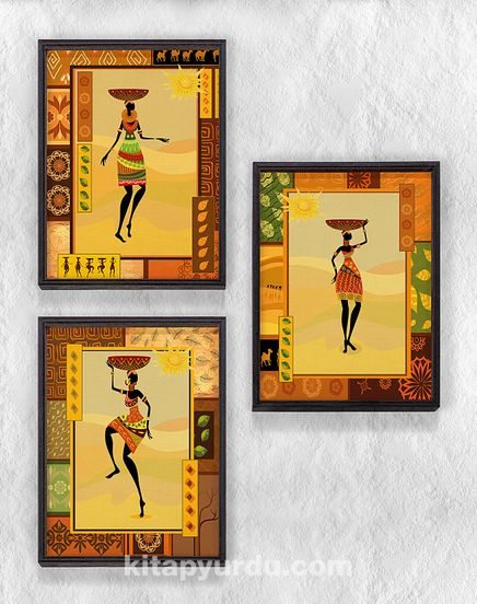 Full Frame Duvar Sanatları - AfrikaObje - Etnik Elbiseli Afrikalı Kadınlar 2 - Üçlü  Set (FF-DS205)