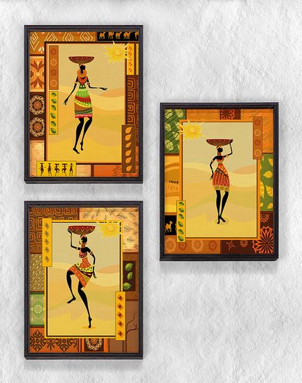 Full Frame Duvar Sanatları - AfrikaObje - Etnik Elbiseli Afrikalı Kadınlar 2 - Üçlü  Set (FF-DS205)