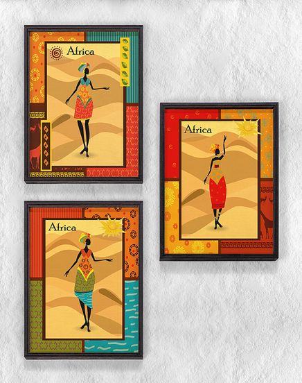 Full Frame Duvar Sanatları - AfrikaObje - Etnik Elbiseli Afrikalı Kadınlar 4 - Üçlü  Set(FF-DS207)