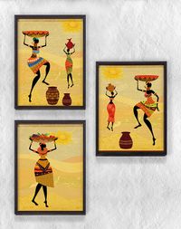 Full Frame Duvar Sanatları - AfrikaObje - Küp Taşıyan Kadınlar 2  - Üçlü  Set (FF-DS209)