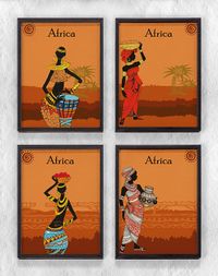 Full Frame Duvar Sanatları - AfrikaObje - Afrikalı Kadınlar  - Dörtlü Set (FF-DS203)