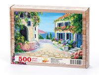 Sahilde Mavi Panjurlu Evler Ahşap Puzzle 500 Parça (MZ26-D)