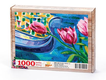 Pembe Laleler ve Gondol Venedik Ahşap Puzzle 1000 Parça (UK11-M)