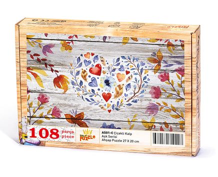 Çiçekli Kalp Ahşap Puzzle 108 Parça (AS01-C)