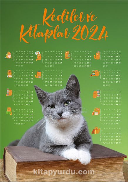 2024 Takvimli Poster - Kediler ve Kitaplar - Yeşil