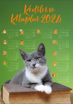 2024 Takvimli Poster - Kediler ve Kitaplar - Yeşil