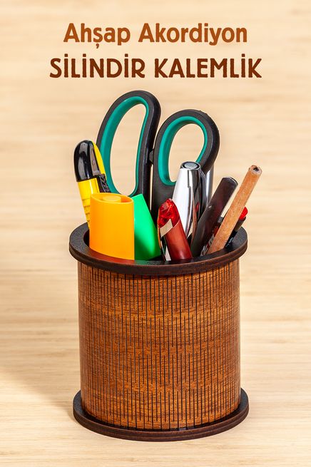 Ahşap Akordiyon Silindir Kalemlik