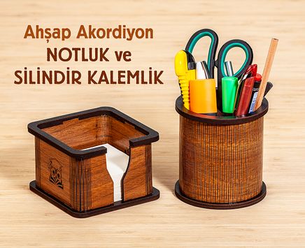 Ahşap Akordiyon Notluk ve Silindir Kalemlik Seti