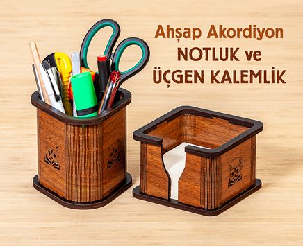 Ahşap Akordiyon Notluk ve Üçgen Kalemlik Seti