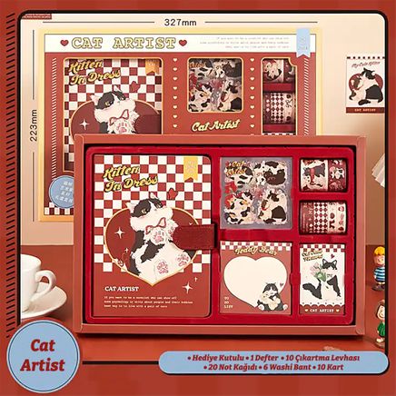 Kitten Temalı Hediye Kutulu Kit • Defter • Washi Bant • Not Kağıdı • Sticker • Kart