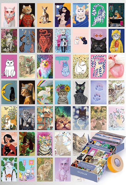 Kedi Illustrasyon Temalı 54 Adet Duvar Poster - Kolaj Seti Oda Dekoru
