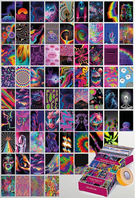 Psikedelik Temalı 72 Adet Duvar Poster - Kolaj Seti Oda Dekoru