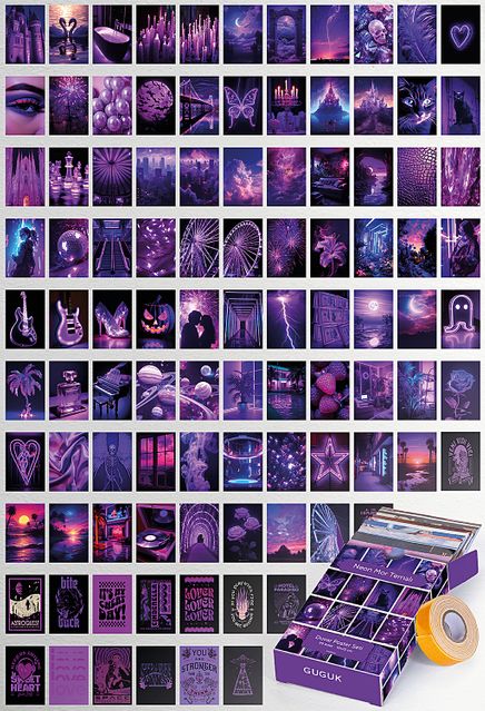 Neon Mor Temalı 99 Adet Duvar Poster - Kolaj Seti Oda Dekoru (Paspartulu)