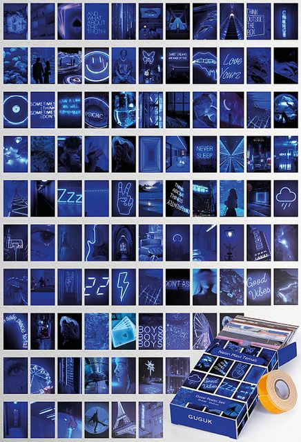 Neon Mavi Temalı 99 Adet Duvar Poster - Kolaj Seti Oda Dekoru (Paspartulu)