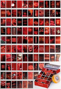 Neon Kırmızı Temalı 99 Adet Duvar Poster - Kolaj Seti Oda Dekoru (Paspartulu)