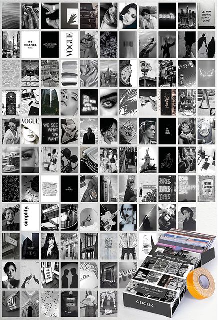 Siyah Beyaz Temalı 108 Adet Duvar Poster - Kolaj Seti Oda Dekoru