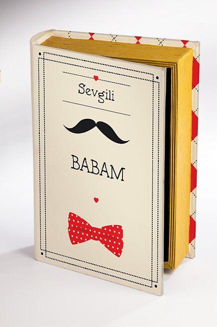 Kitap Şeklinde Ahşap Hediye Kutu - Sevgili Babam - Bıyık, Papyon