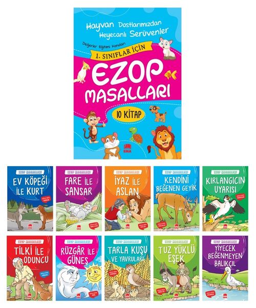 Ezop Masalları Seti 1 ve 2. Sınıflar için Düz Yazılı (10 Kitap Takım, Büyük Boy)