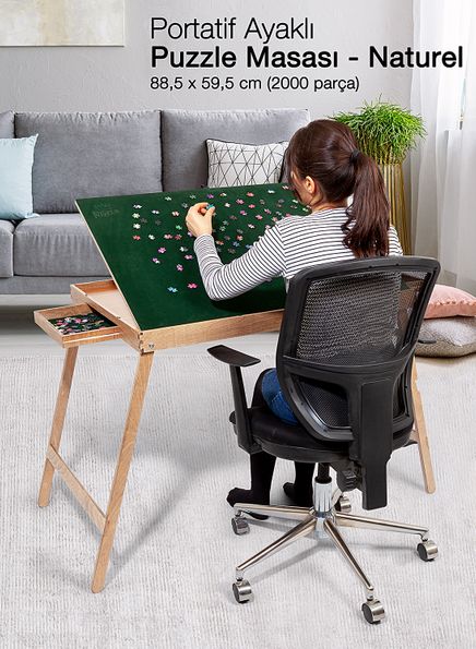 Portatif Uzun Ayaklı 2 Çekmeceli Puzzle Masası - Natürel (PAPM02-MM)