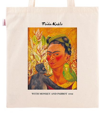 Askılı Bez Çanta - Ressamlar - Frida Kahlo - With Monkey And Parrot 1942