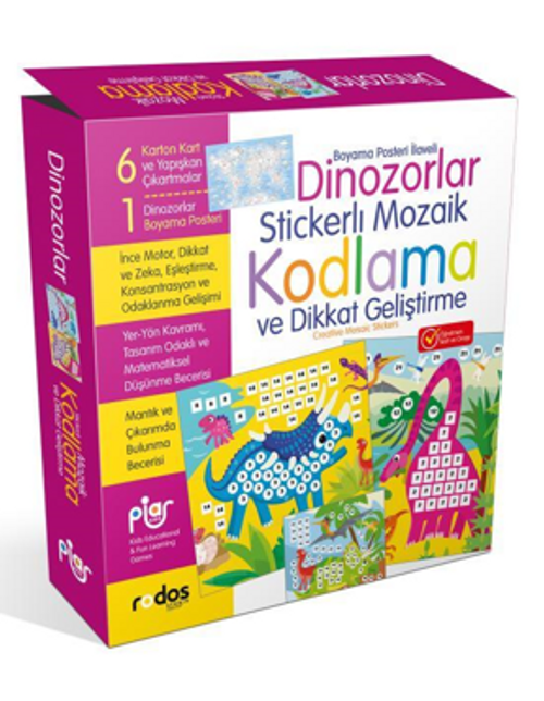 Dinozorlar Stickerlı Yapışkanlı Çıkartma Mozaik Kodlama ve Dikkat Geliştirme Oyun Seti