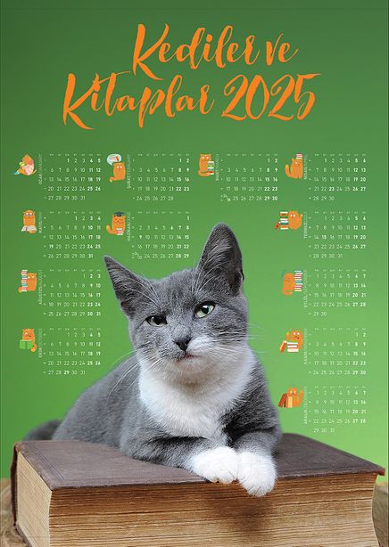 2025 Takvimli Poster - Kediler ve Kitaplar - Yeşil
