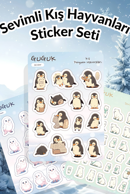 Sevimli Kış Hayvanları Sticker Yaprakları Seti