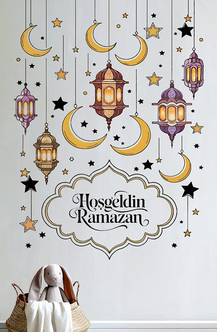 Hoşgeldin Ramazan Renkli Fener Sarkıt Cam Duvar Dekorasyon Sticker Seti