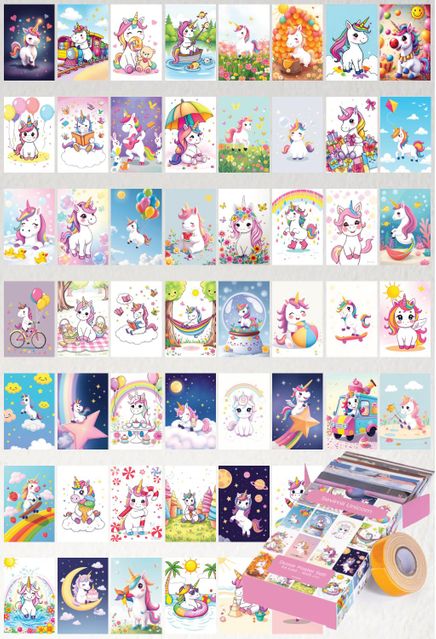 Sevimli Unicorn Temalı 54 Adet Duvar Poster Seti Oda Dekoru (Paspartulu)