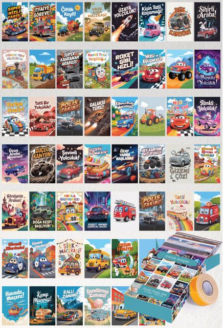 Çocuk Araçlar Temalı 54 Adet Duvar Poster Seti Oda Dekoru