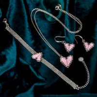 Pembe Renkli Kalp Bileklik, Kolye, Küpe Takımı (Miyuki 513)