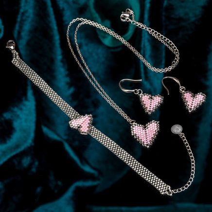 Pembe Renkli Kalp Bileklik, Kolye, Küpe Takımı (Miyuki 513)